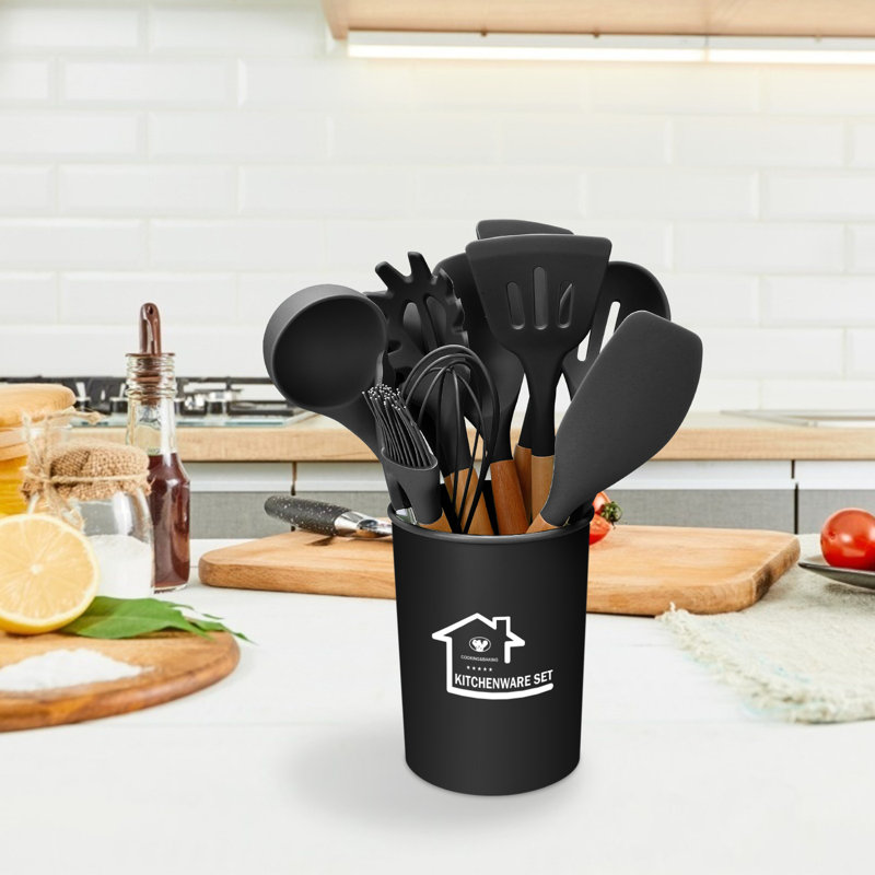 11-Piece Silicone Kitchen Utensil Set with Wooden Handles - Heat Resistant, Non-Scratch, BPA-Free - Includes Holder for Easy Storage