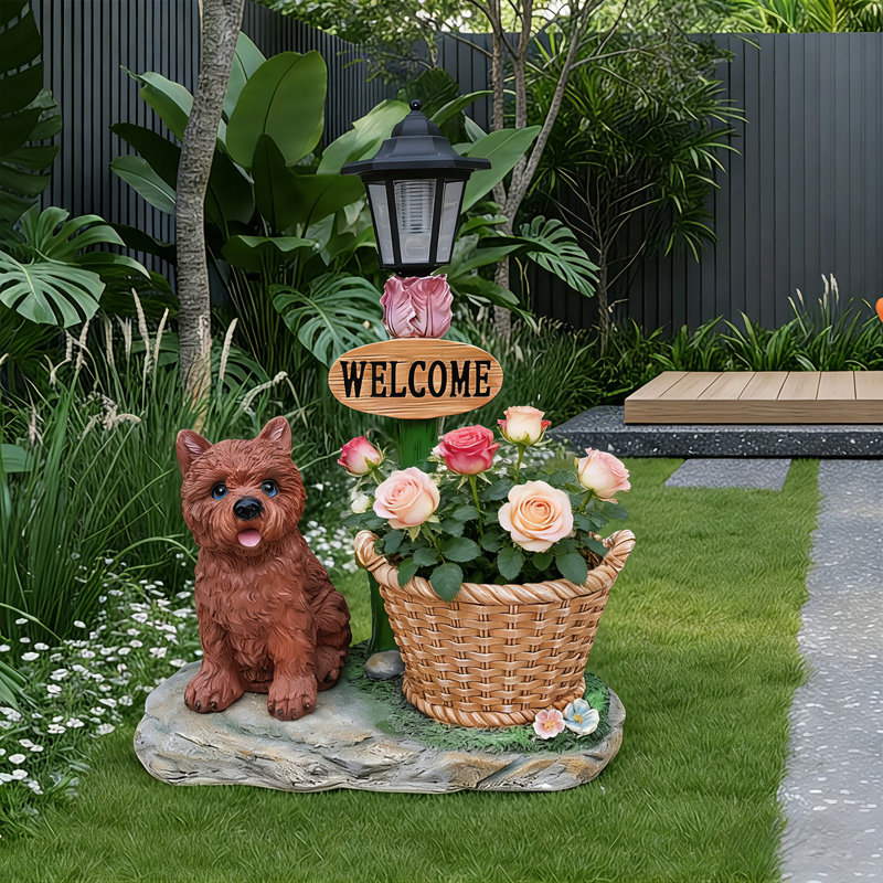 Sitting Puppy Solar Planter Outdoor Statue