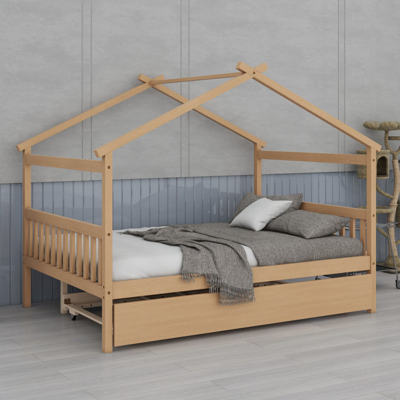 Wooden House Bed With Trundle, Natural, Full