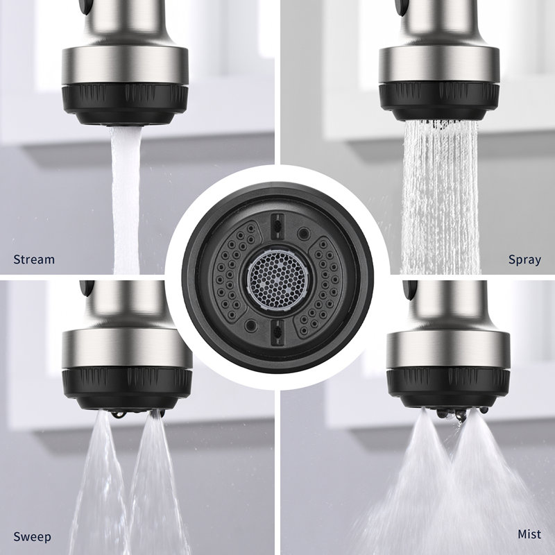Robinet d'évier de cuisine en nickel brossé avec douchette rétractable, poignée simple et 4 modes de jet pour installation à 1 ou 3 trous | Idée de cadeau