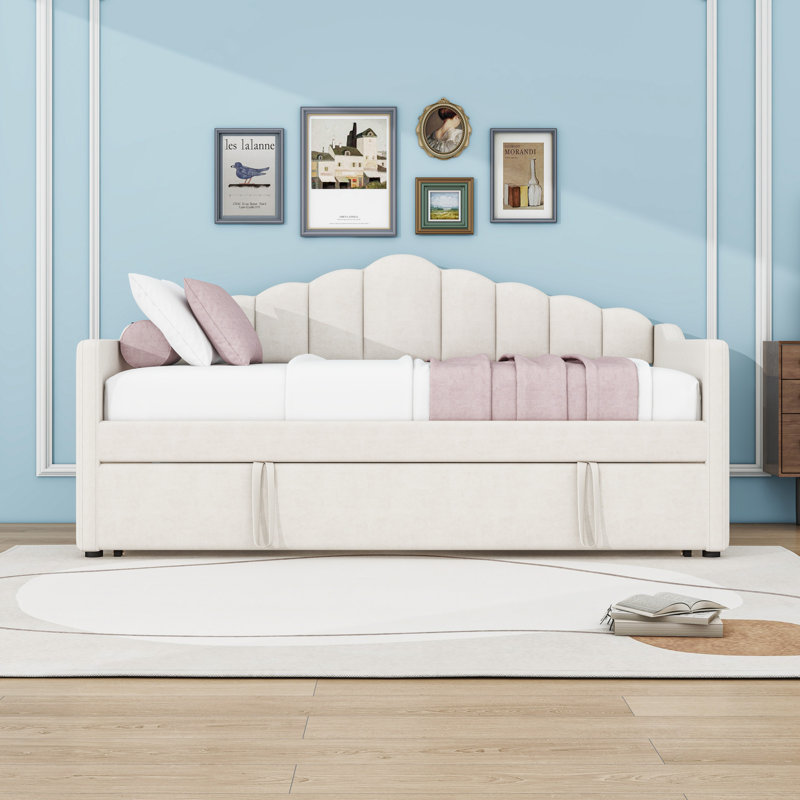 Twin Upholstered Daybed with Trundle, Side Pockets and USB, Beige