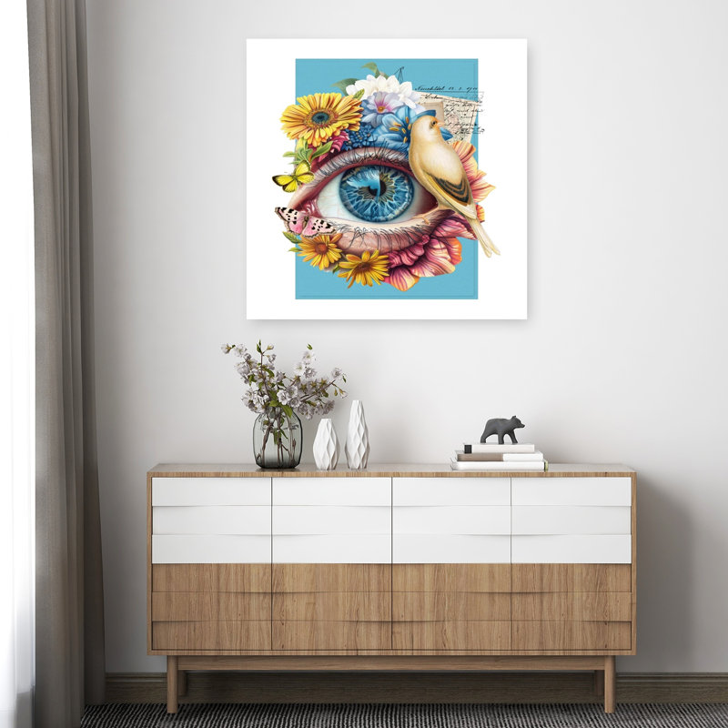 «Whimsical Eye Floral Bird», 36" H x 36" W
