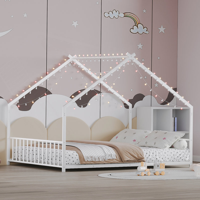 Full size children's bed frame with LED light strips, roof-shaped iron frame bed, White,78.5" L x 55.9" W x 58.4" H.