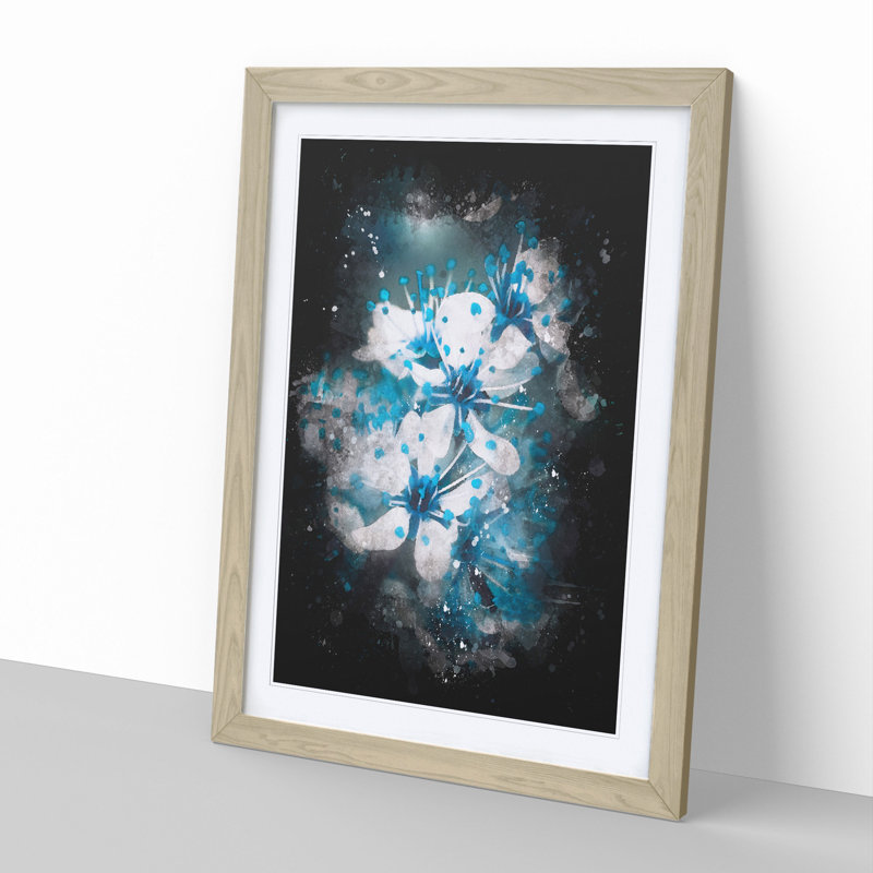 Blue Cherry Tree Flowers - Picture Frame Graphic Art, 90cm H x 65cm W x 2cm D, Oak