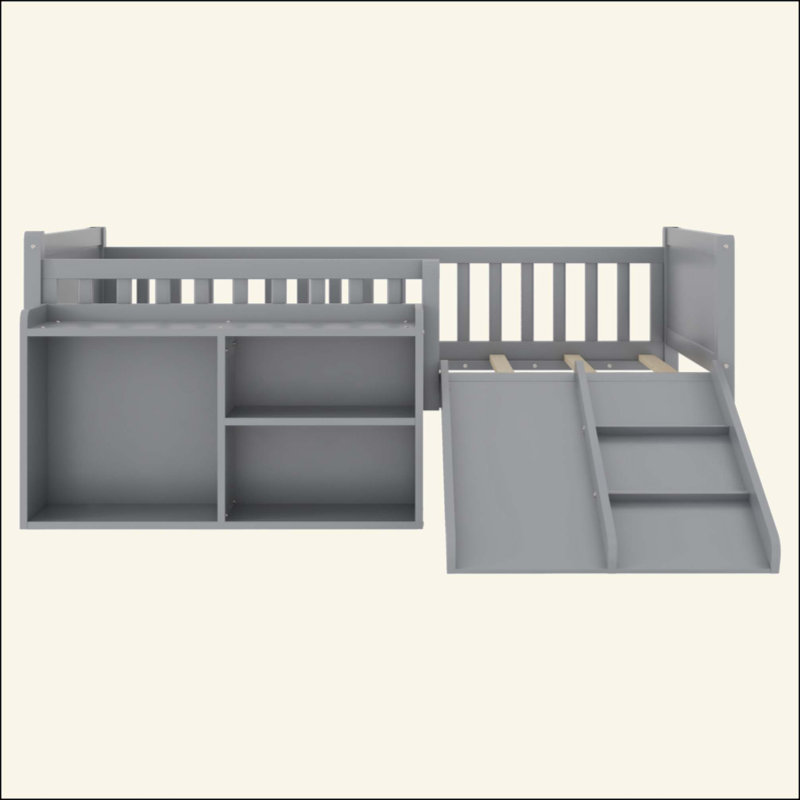 Lit mezzanine bas pour enfants avec glissade, bibliothèque mobile, garde-corps, cadre de lit mezzanine bas pour enfants, Gray