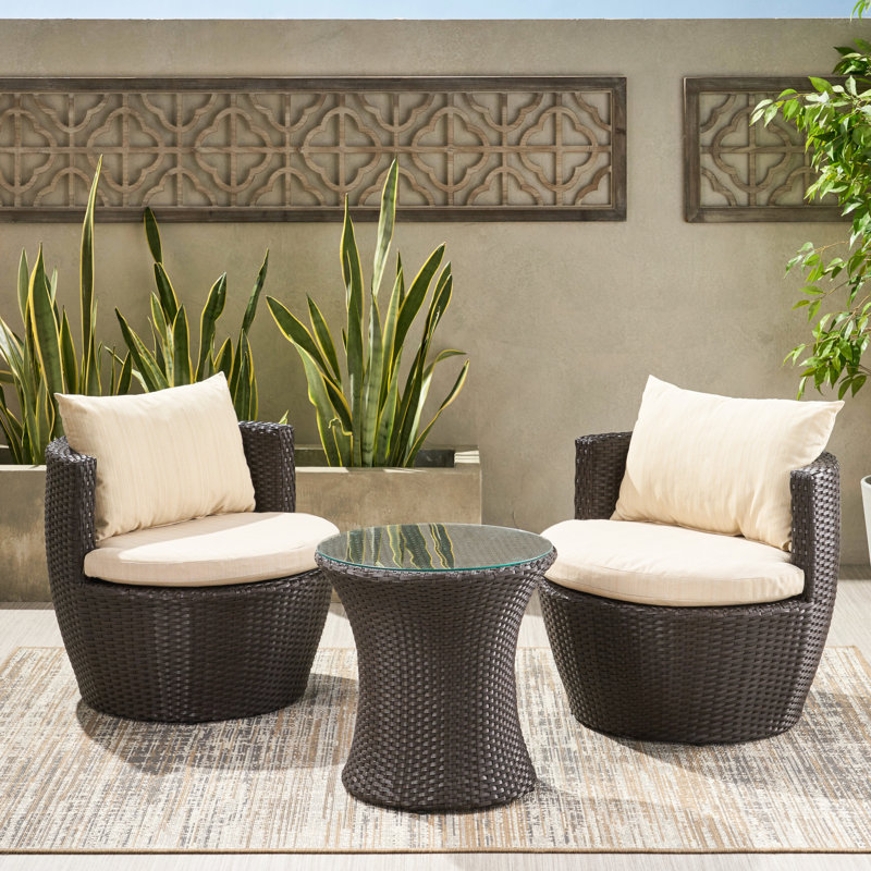 Outdoor 3Pc Pe Chat In Brown + Beige - Aluminium, Comfortable Cushion Chatting Area, 26.77 In. D X W 23.66 H, 41.03 Lb Seating Arrangement,