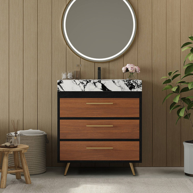 Meuble-lavabo autoportant moderne avec lavabo vasque en céramique et plateau en pierre frittée durable, Noir/noyer