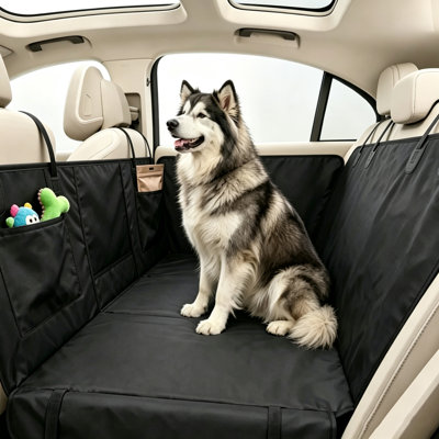 Housse extensible pour grand chien à l'arrière de la voiture, avec panneau de support en PP, fenêtre en filet et poches de rangement intégrées. Protection imperméable et anti-rayures pour sièges d'auto pour animaux de compagnie, compatible avec berlines, VUS et monospaces.