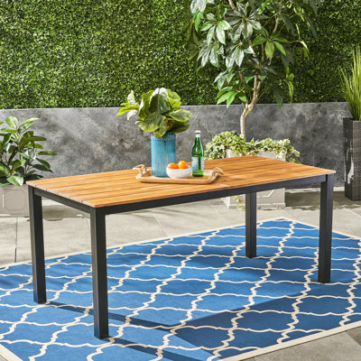 Élégante table basse de patio en bois avec supports en fer, cadre de salle à manger fait à la main 71,17 po x 34 po