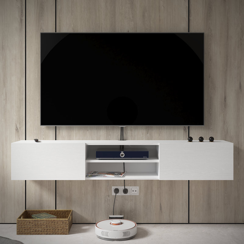 Meuble télé flottant de 71 po pour téléviseur de 80 po ou moins Desmone, blanc, Blanc, H 11,8 po x l 70,8 po x P 11,8 po