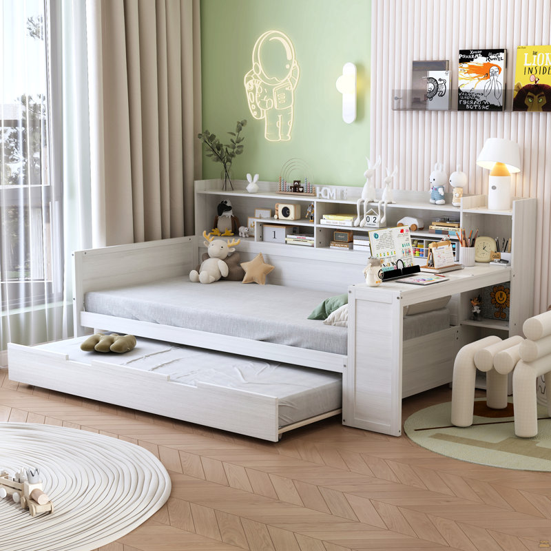Lit de jour simple en bois avec tablettes de rangement