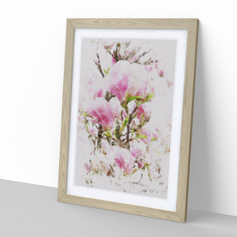 Pink Magnolia Blossom Flowers - Framed Print, 65cm H x 48cm W x 2cm D, Oak Framed