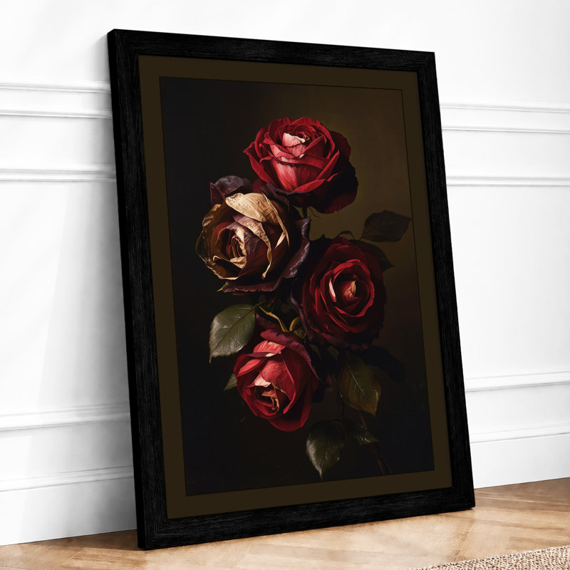 Four Crimson Roses Botanical - Framed Print, A1 - 84.1 x 59.4 cm, Black