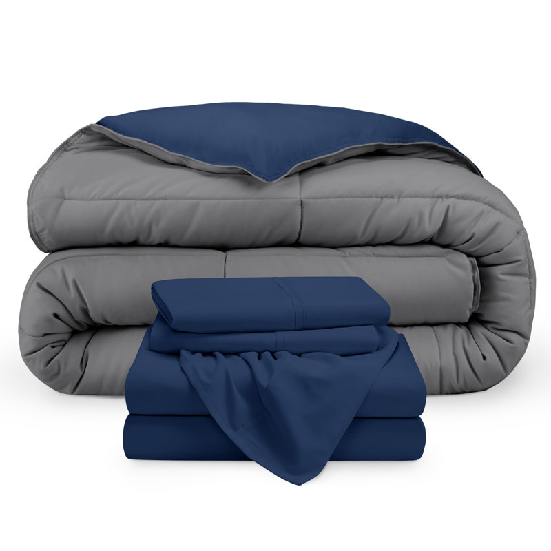 Microfiber Reversible Bed-In-A-Bag, Dark Blue/Grey, Dark Blue, King Comforter + 2 Pillowcases
