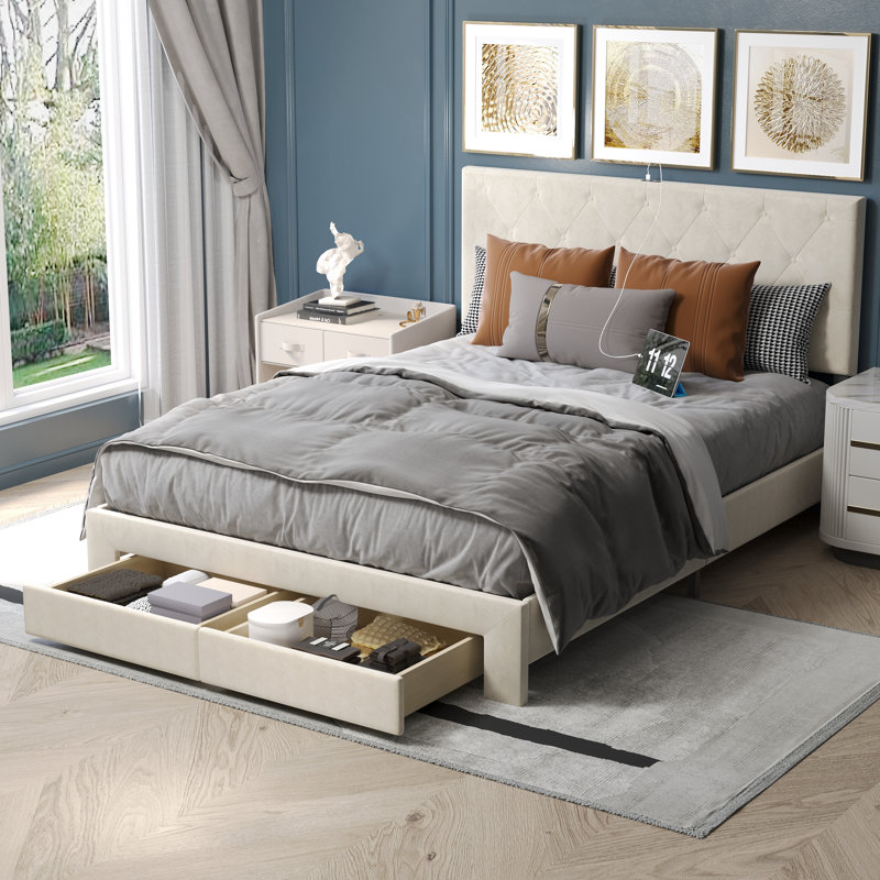 Zoje Upholstered Platform Storage Bed, Cream