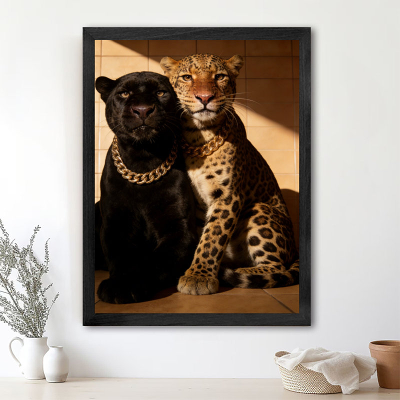 Reproduction encadrée noire rétro de la panthère noire et des léopards, H 37 po x l 25 po