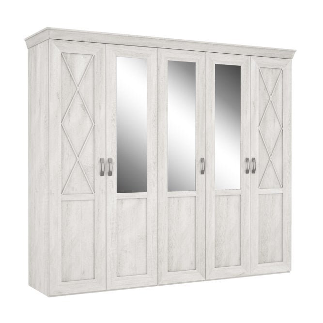 Karev 5 Door Mirrored Wardrobe in White Pine, 256 cm