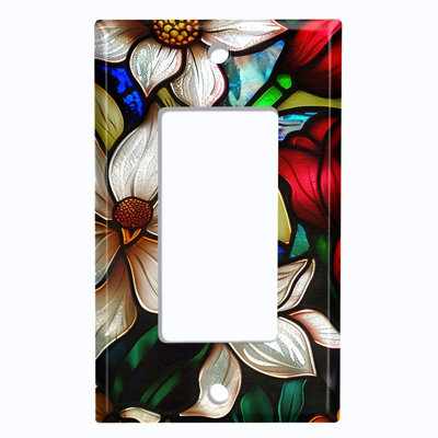 Metal Light Switch Plate Cover; US Standard Size 1 Gang GFI Rocker - Vibrant Flowers Stained Glass PRINT