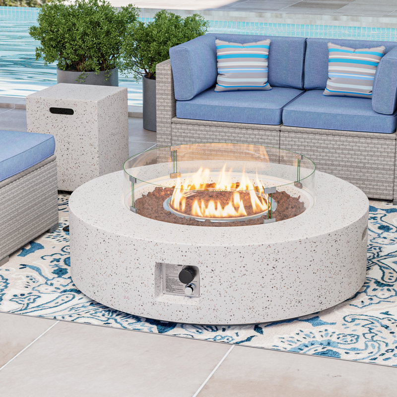 Kinzie Round Concrete Propane Smokeless Fire Pit Table, Terrazzo White