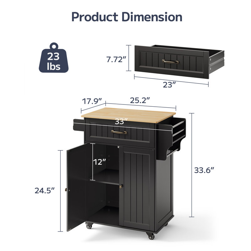 Chariot de cuisine en bois massif avec tiroir, armoire de rangement, tablette réglable, roulettes verrouillables, support à épices et porte-serviettes