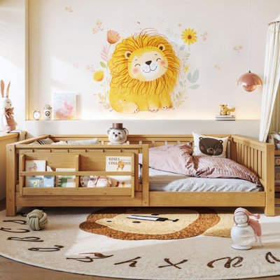 Lit double pour enfants avec clôture et bibliothèque intégrée, lit double Montessori avec lattes et barrière de sécurité, lits Montessori faciles à assembler pour enfants, naturel clair