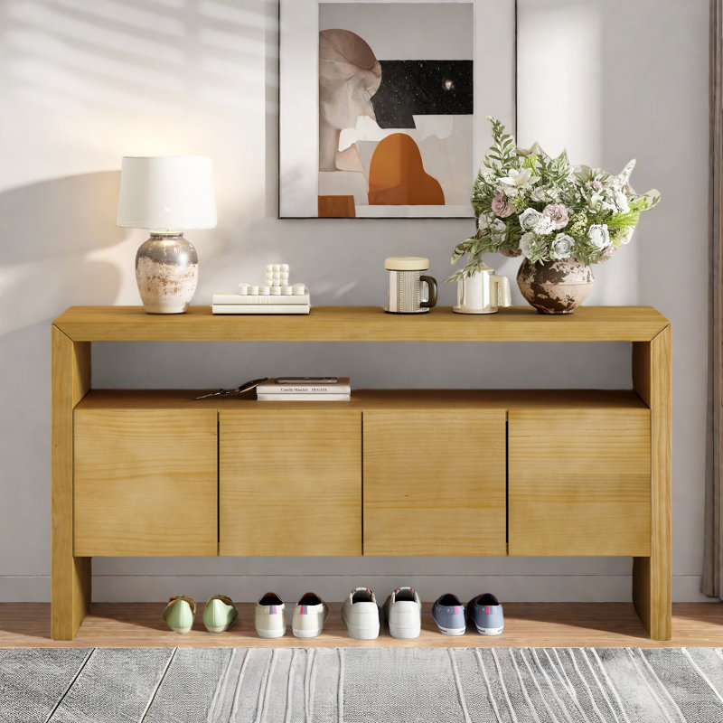 Console moderne à 4 portes avec tablette ouverte et grain de bois, Naturel