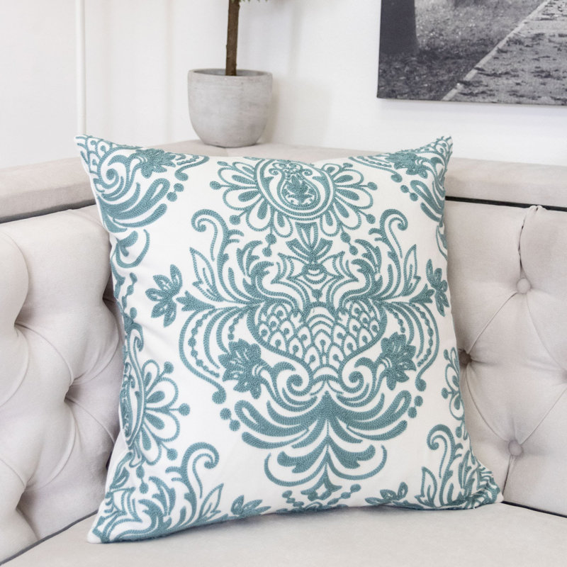 Damask Cotton Throw Pillow, Teal