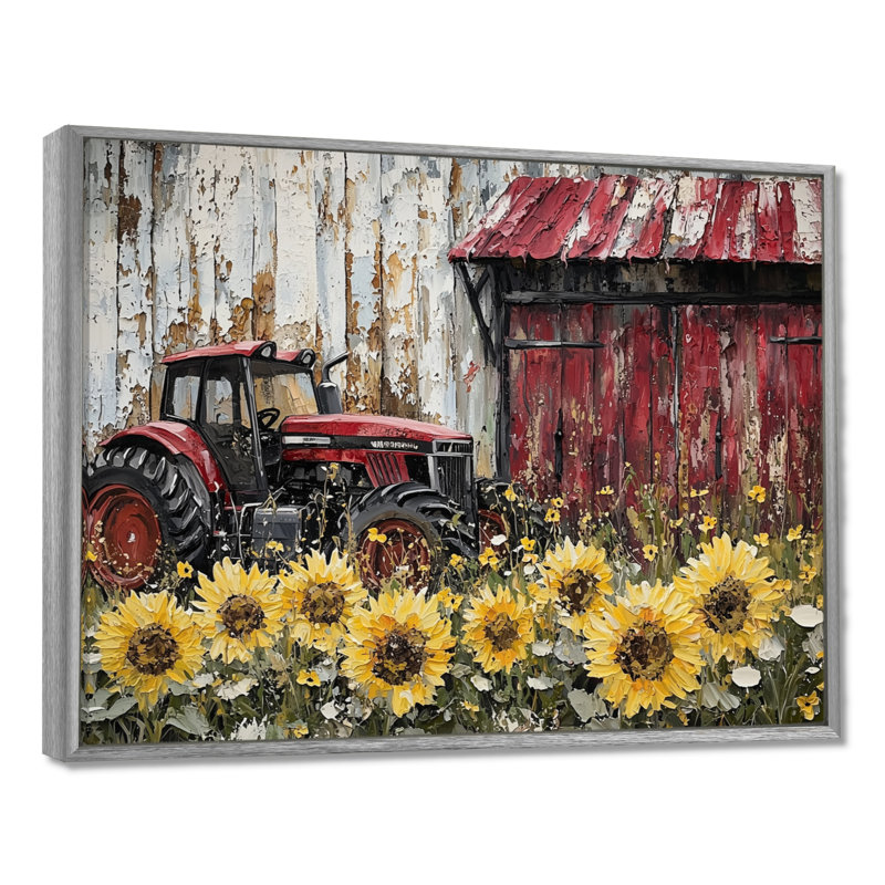 Dorukan Country Side Sunflowers With Tractor Farm II - ferme, art mural, H 24 po x l 32 po, Impression encadrée flottante