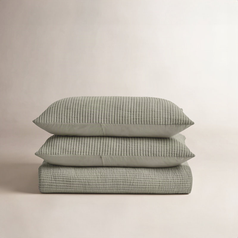 Ensemble de couvre-lit en coton côtelé matelassé, Courtepointe pour lit grand + deux taies décorati, Vert sauge