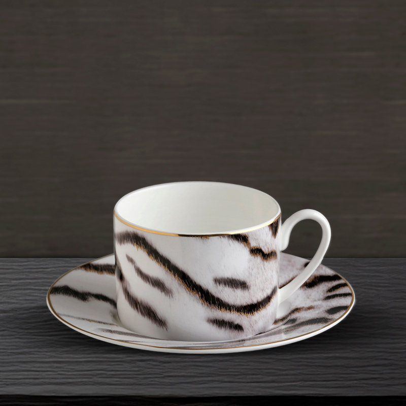 Tea Cup & Saucer TIGER Set of 2 in Luxury Box diam. 3.3in, H 2.3in, cap. 7.5 oz, Saucer diam. 6in