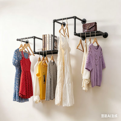 Industrial Pipe Wall Mounted Clothing Rack, Heavy-Duty Black Metal Garment Hanging Rod, Space-Saving Multi-Purpose Closet Organizer For Bedroom, Boutique & Laundry Room