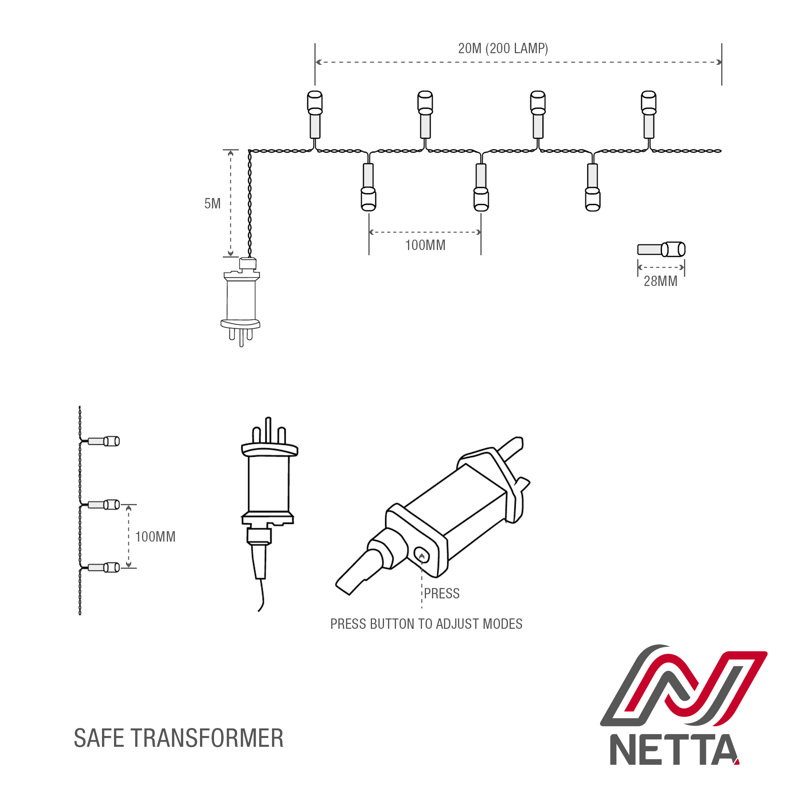 NETTA Fairy String Lights with Clear Cable and 8 Different Modes - 200 LED / 20M Lit-Length