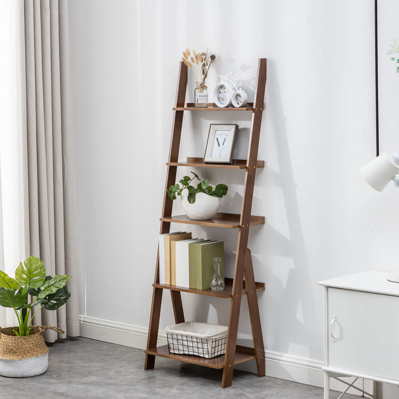 Elberta Bamboo Ladder Bookcases Ladder Bookshelf Storage Rack Flower Plant Stand Shelf Organizer Display Shelf, Brown