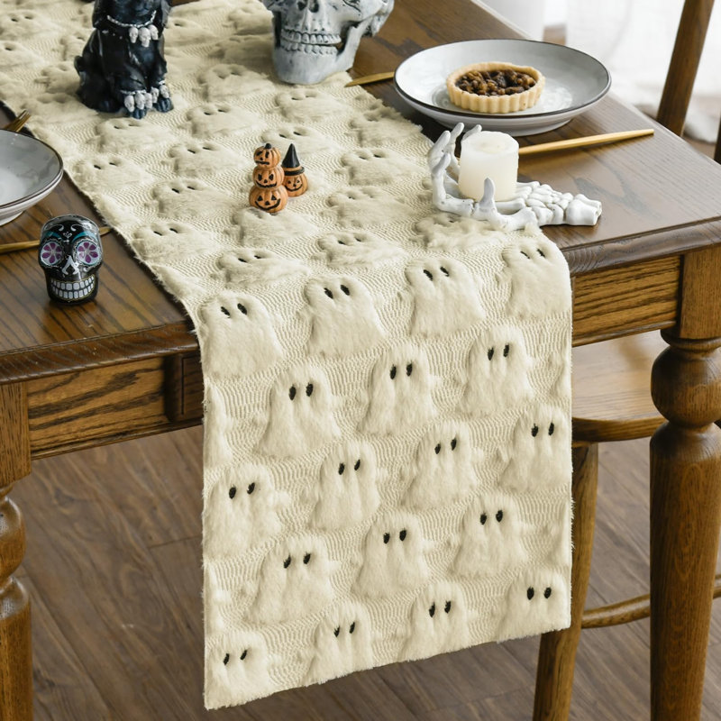 Soft Faux Fur Beige Ghost Halloween Table Runner 33x153 cm | Seasonal Plush Fall Kitchen Dining Table Decoration for Home Party Decor