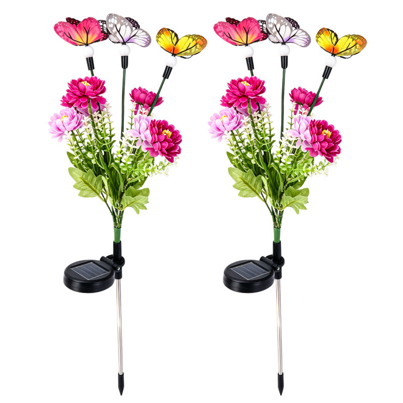 Ensemble de 2 lampes solaires oscillantes pour jardin, 7 têtes en forme de lotus violet enneigé et 3 décorations papillon colorées, lumière chaude, étanche IP65, autonomie de 10 à 12 heures, idéales pour les mariages, les fêtes et les cadeaux.