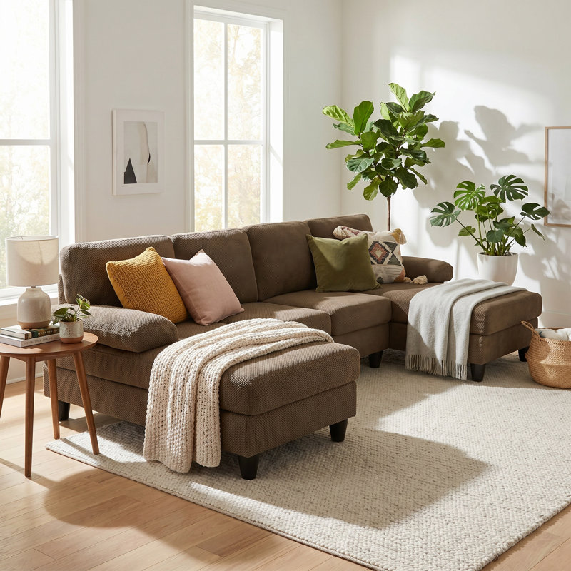 Canapé modulaire en U de 104 po, canapé 4 places Mid-Century moderne avec méridienne double et accoudoirs moelleux, revêtement en polyester texturé, conception à pieds hauts pour un nettoyage facile, assise profonde et douce