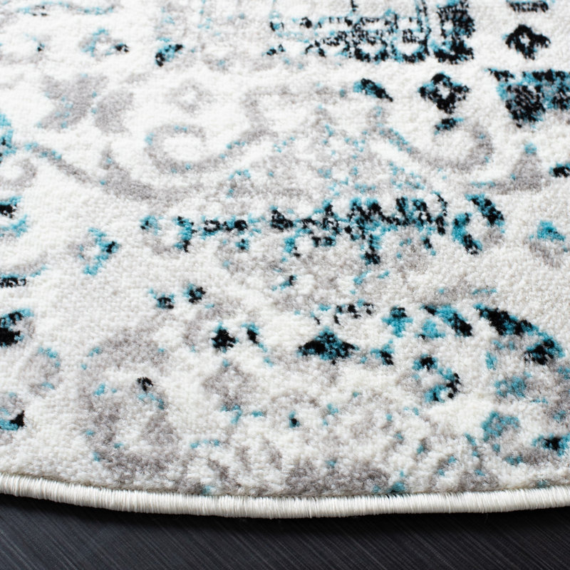 Tapis géométrique gris / bleu, Tapis de couloir 2 pi x 8 pi