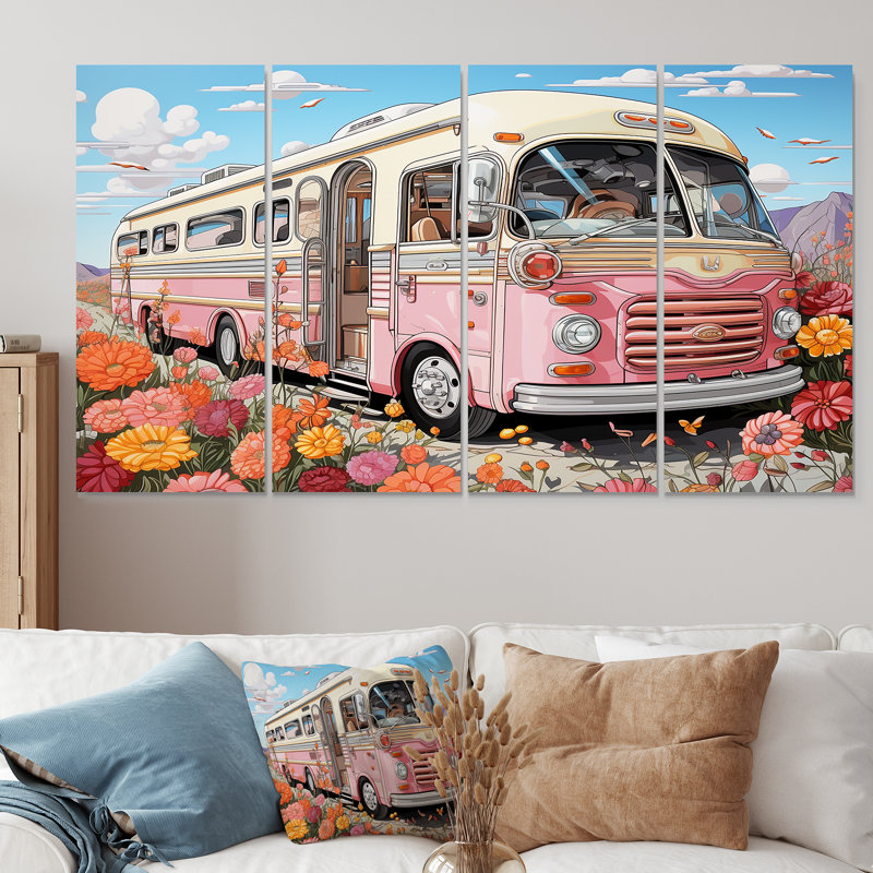 «Pink Camping Van Desert Getaway I», ensemble d'art mural 4 pièces, H 28 po x l 48 po
