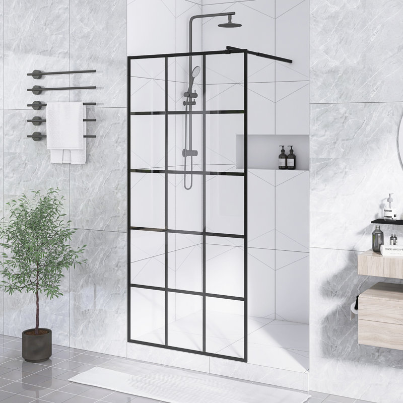 34 In. W × 72 In.H Framed Glass Shower Screen In Matte Black |  1/4"(6Mm) Tempered Glass | Aluminum Frame | Explosion Proof Film |  Stainless Support Bar｜ Waterproof Design