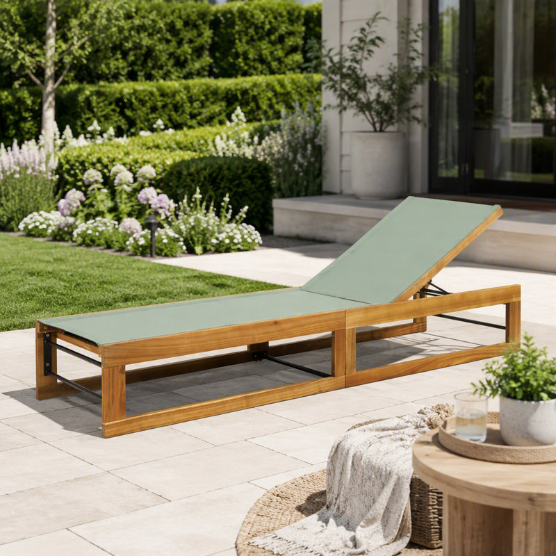 Chaise simple simple, méridienne de patio, bord de piscine, jardin, Vert menthe / teck, 1