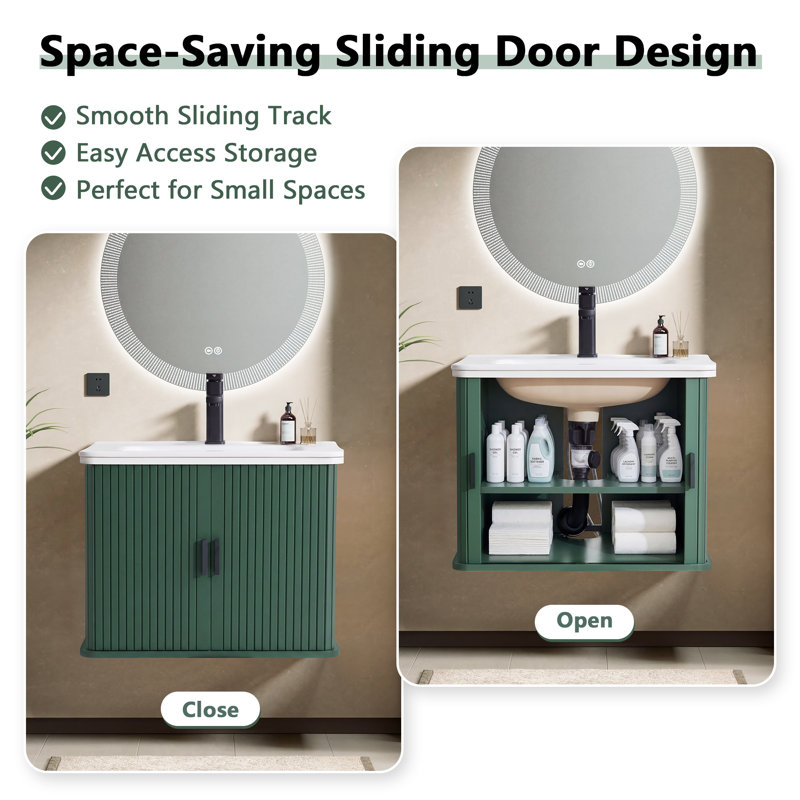 24.13" Wall Mounted Single Bathroom Vanity Set With Sink Top, Faucet And Fluted Design Cabinet, Green