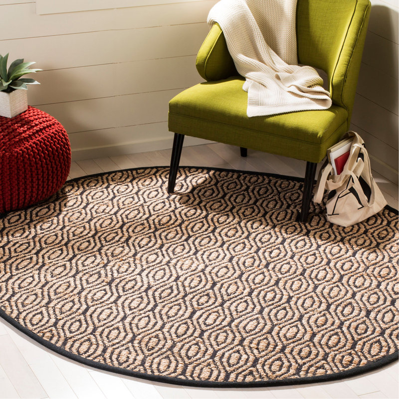 Arria Cape Cod Hand Woven Jute/Cotton Geometric Rug in Black/Natural, Round 6'