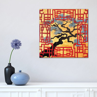 Gnarled Tree And Red Lattice Screen by Berit Bredahl Nielsen - Wrapped Canvas Print