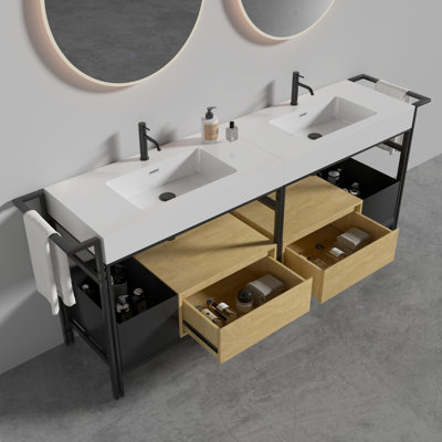72 - Inch Bathroom Vanity With A Robust Metal Frame, Adjustable Towel Bar, And Smooth Rounded Edges White Artificial Stone Basin, Suitable For Industrial Style Modular Hidden Handles, Open Storage,