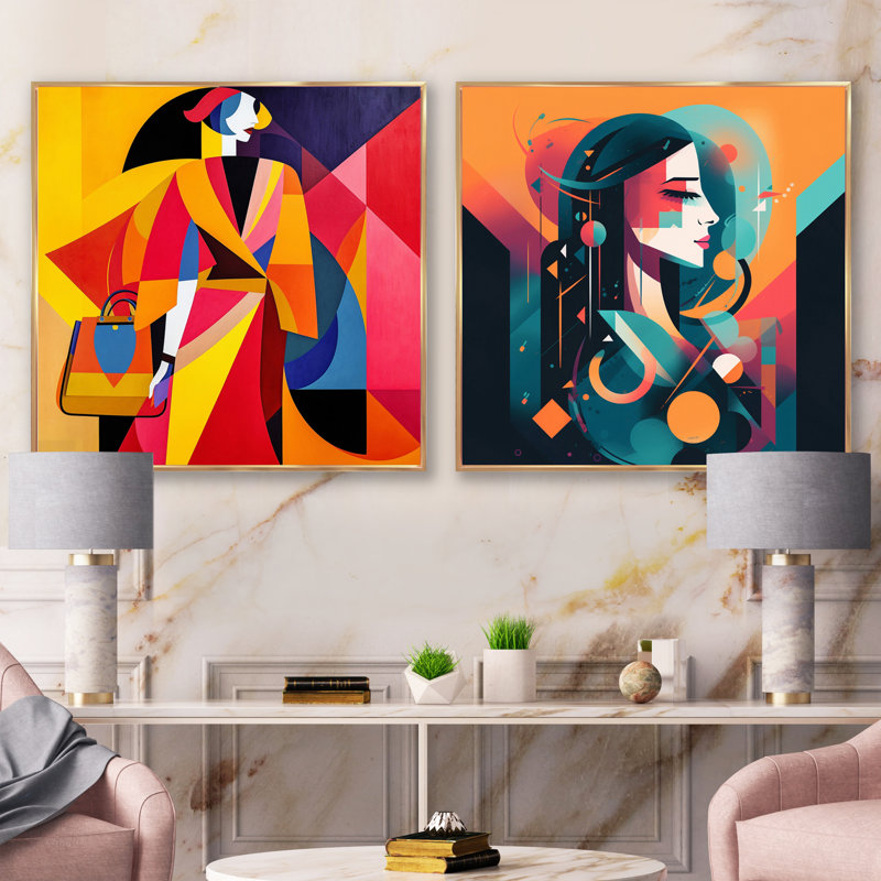 Portrait féminin art déco féminin, Cadre flottant doré, H 16 po x l 33 po