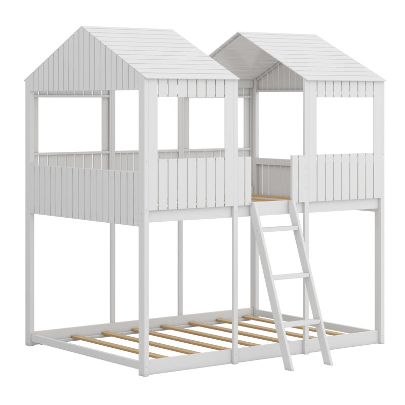 Wood Bunk Bed With Roof, Window, Guardrail, White