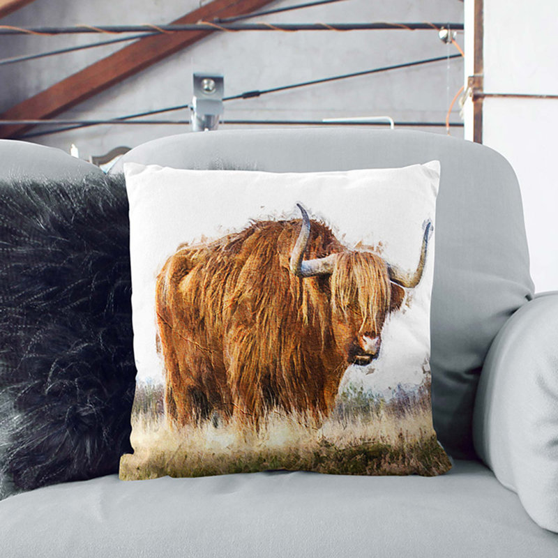Majestic Highland Cow Cushion with Filling, White, 55cm H x 55cm W x 20cm D