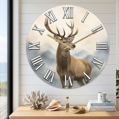 Animal Majestic Stag Standing In Misty Forest Background Ultra Clear Glass Wall Clock