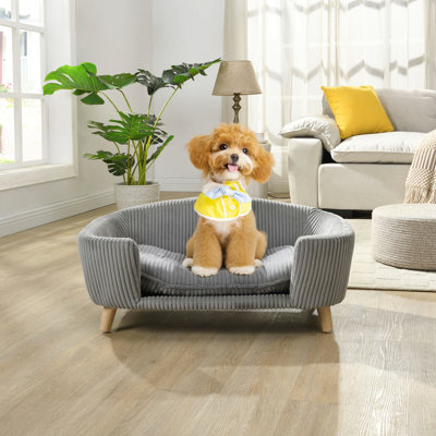 Structure de lit pour chien surélevée pour petit chien, lit en velours côtelé avec pieds en bois d'hévéa et mousse de soutien, gris, assemblage facile