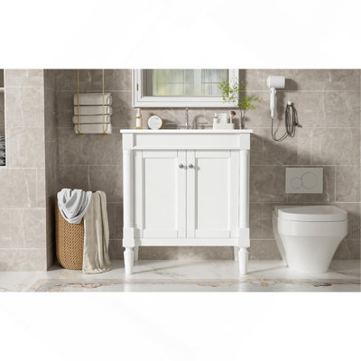 Armoire de meuble-lavabo 30 po avec lavabo en céramique, 30 po, armoire de rangement avec portes à fermeture douce et pieds en bois massif